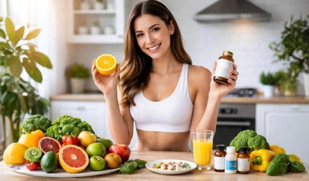 витамины и полезные продукты для поддержки организма при похудении, здоровое питание и микроэлементы