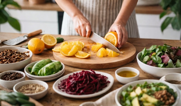 Сбалансированный рацион питания для похудения с белками, сложными углеводами, овощами и полезными жирами