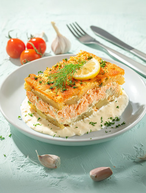 Готовое блюдо Запеканка картофельная с горбушей под белым соусом и лимоном